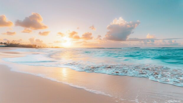 A tranquil beach Backgrounds 1920×1080 HD with turquoise waters and a vibrant sunset.