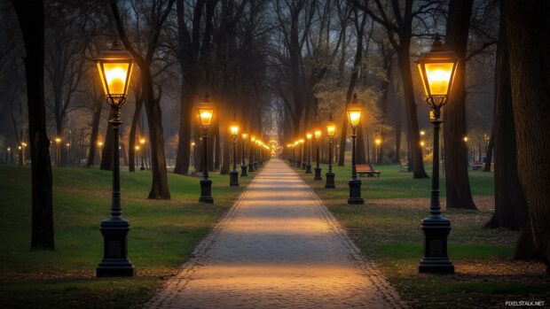 A tranquil city park at night, 1920×1080 HD Desktop Wallpaper.