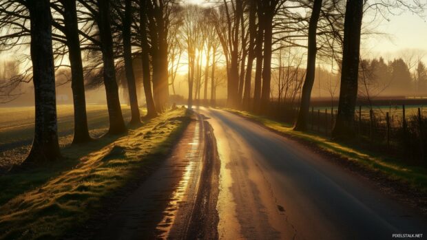 A tranquil country road at sunset 1920×1080 HD Background with the golden light casting long shadows from the trees lining the roadside.