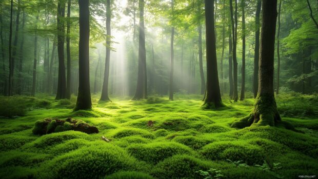 A tranquil forest scene with a thick carpet of green moss, gentle rays of sunlight breaking through the dense foliage, and a peaceful atmosphere.