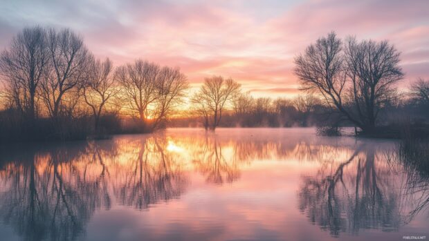 A tranquil lake reflecting a vibrant sunset with soft orange, pink, and purple hues blending into the sky.