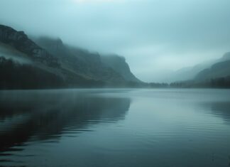 A tranquil lake surrounded by mountains at dawn with mist rising from the water, Backgrounds 1920×1080.