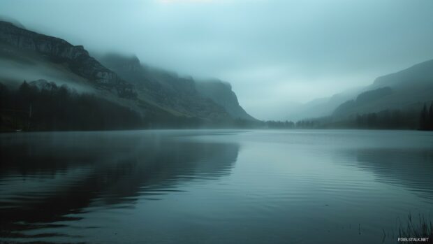 A tranquil lake surrounded by mountains at dawn with mist rising from the water, Backgrounds 1920×1080.