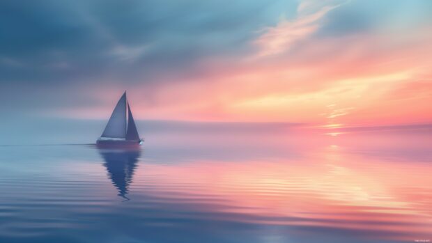 A tranquil ocean 4K Resolution Wallpaper with a lone sailboat drifting peacefully on calm waters, the sky reflecting in the glassy surface.