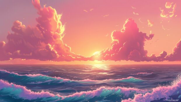 A tranquil ocean sunset Desktop Wallpaper 1920x1080 with vibrant hues painting the sky.