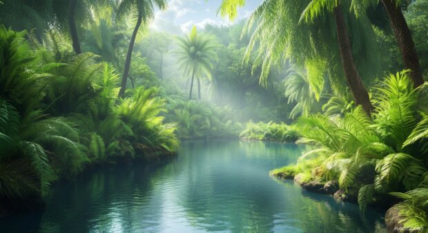 A tranquil rainforest HD Wallpaper with exotic flora, moss covered trees, and a serene river reflecting the surrounding jungle.