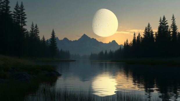 A tranquil scene where the sun is setting behind a mountain and the moon is rising above a quiet forest.