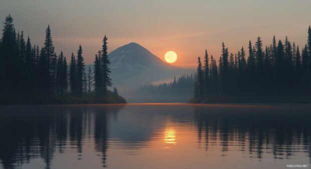 A tranquil scene where the sun is setting behind a mountain and the moon is rising above a quiet forest (2).