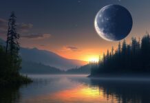 A tranquil scene where the sun is setting behind a mountain and the moon is rising above a quiet forest.