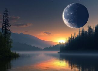 A tranquil scene where the sun is setting behind a mountain and the moon is rising above a quiet forest.