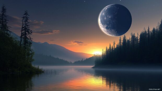 A tranquil scene where the sun is setting behind a mountain and the moon is rising above a quiet forest.