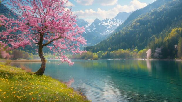 A tranquil spring lake surrounded by blooming trees and flowers.