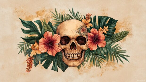 A tribal style skull adorned with hibiscus flowers and tropical foliage, capturing a vivid, colorful aesthetic.