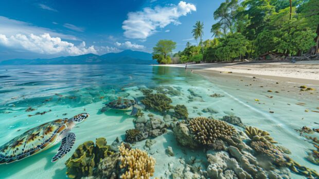 A tropical beach desktop wallpaper 4K with sea turtles swimming in the shallow waters, vibrant coral and marine life visible below.