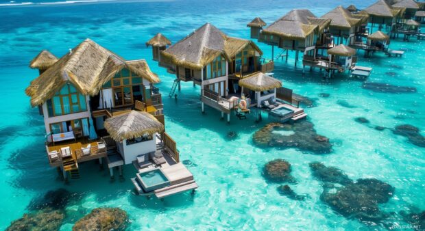 A tropical island paradise 1080p Image with overwater bungalows and a clear, blue lagoon.