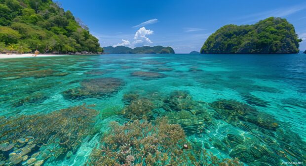 A tropical paradise 1080p HD Wallpaper Nature with crystal clear turquoise waters and coral reefs visible beneath the surface, palm fringed islands in the distance.