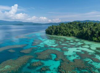 A tropical paradise with crystal clear turquoise waters and coral reefs visible beneath the surface, palm fringed islands in the distance.