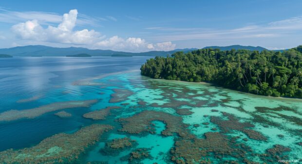 A tropical paradise with crystal clear turquoise waters and coral reefs visible beneath the surface, palm fringed islands in the distance.