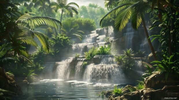 A tropical rainforest 1080p background for PC with lush vegetation and a cascading waterfall.