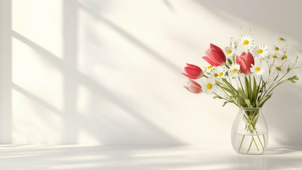 A vase of tulips and daisies on a white table.