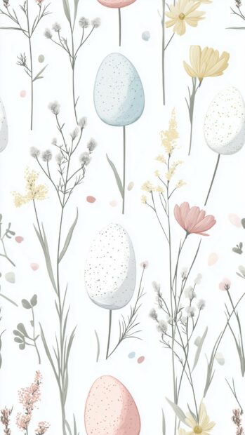 A vertical, seamless tile pattern of stylized Easter eggs and spring flowers in soft pastel shades, with a simple and modern vector line art style.