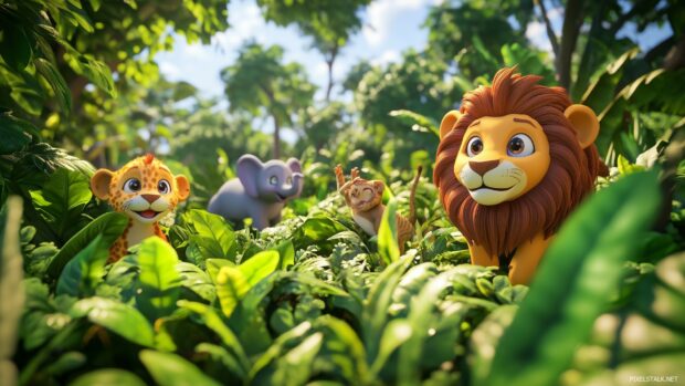 A vibrant 3D jungle scene with cute animals like lions, monkeys, and elephants peeking through lush greenery.