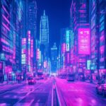 A vibrant Cyberpunk cityscape with towering skyscrapers, neon lights, and bustling streets, all bathed in a neon pink and blue glow.