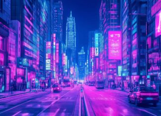 A vibrant Cyberpunk cityscape with towering skyscrapers, neon lights, and bustling streets, all bathed in a neon pink and blue glow.