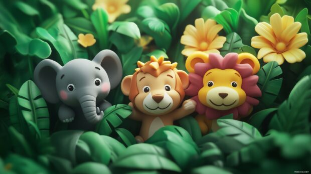 A vibrant D jungle laptop background with cute animals like lions, monkeys, and elephants peeking through lush greenery.