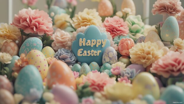 A vibrant Easter scene with colorful eggs and spring flowers surrounding the text Happy Easter in the center, soft pastel hues filling the background.