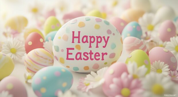 A vibrant Easter scene with colorful eggs and spring flowers surrounding the text Happy Easter in the center, soft pastel hues filling the background.