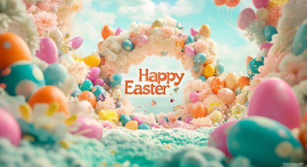 A vibrant Easter wallpaper with colorful eggs and spring flowers surrounding the text Happy Easter in the center, soft pastel hues filling the background.