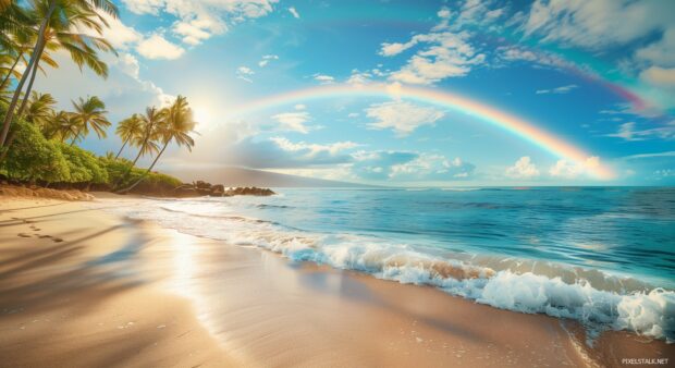 A vibrant Hawaii beach 1080p Full HD Image Nature with a rainbow arching over the sea and palm lined shore.