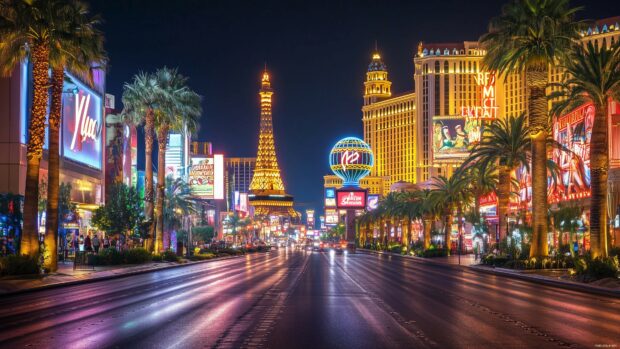 A vibrant Las Vegas skyline at night with dazzling neon lights, iconic casinos, and bustling streets.