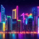 A vibrant Neon City with towering skyscrapers illuminated by multicolored neon signs, bustling streets.