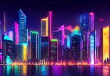 A vibrant Neon City with towering skyscrapers illuminated by multicolored neon signs, bustling streets.