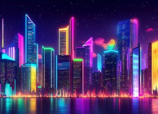 A vibrant Neon City with towering skyscrapers illuminated by multicolored neon signs, bustling streets.