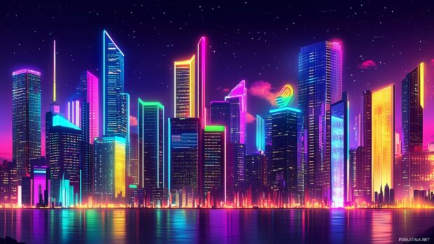 A vibrant Neon City with towering skyscrapers illuminated by multicolored neon signs, bustling streets.