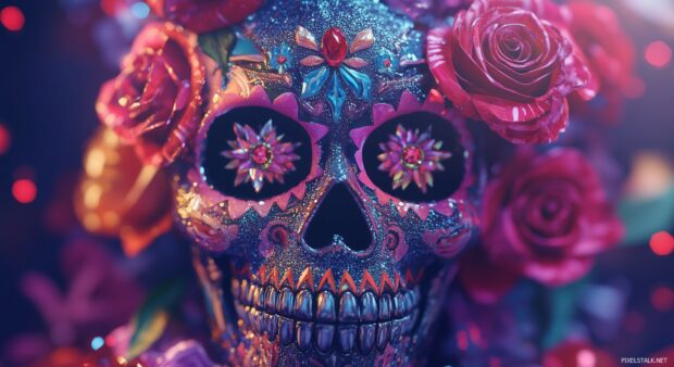 A vibrant and colorful sugar skull adorned with 3D roses, glittering against a dark purple background.