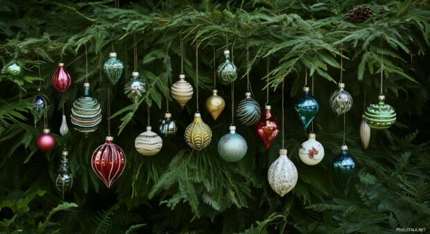 A vibrant assortment of Christmas ornaments in various shapes and sizes hanging from a lush green tree.