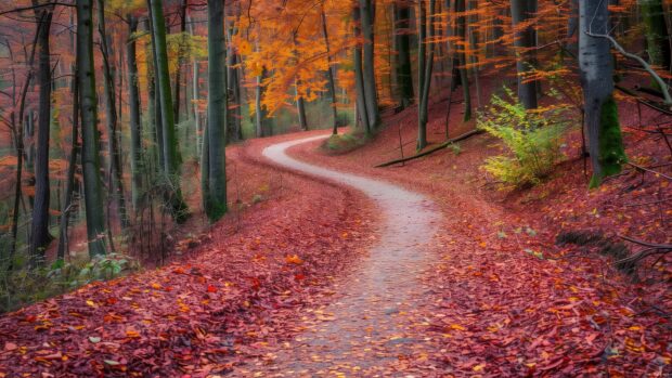 A vibrant autumn forest desktop HD wallpaper 4K with a carpet of fallen leaves and a winding path.