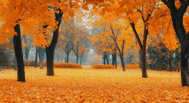 A vibrant autumn scene with golden leaves carpeting the ground and trees in full fall colors.