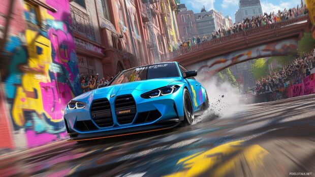 A vibrant blue BMW M3 in mid drift on an urban track, with graffiti covered walls and spectators cheering in the background.