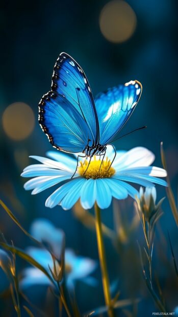 A vibrant blue butterfly resting on a delicate white flower, with the intricate wing details.