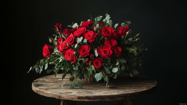 A vibrant bouquet of fresh red roses wallpaper with lush green leaves, arranged artistically on a rustic wooden table.