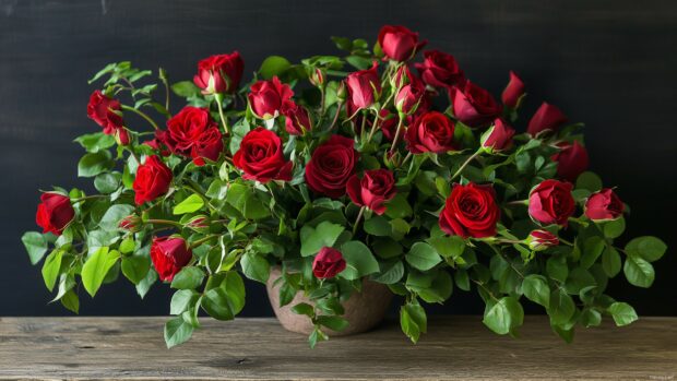 A vibrant bouquet of fresh red roses with lush green leaves.