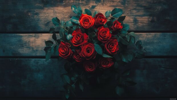 A vibrant bouquet of fresh red roses with lush green leaves, arranged artistically on a rustic wooden table.