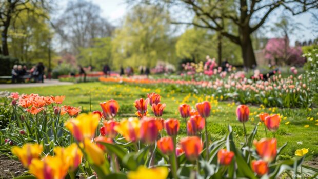 A vibrant city park in spring with blooming flowers and families enjoying the day.