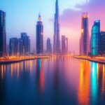 A vibrant city skyline at dusk with colorful lights reflecting off a nearby river.