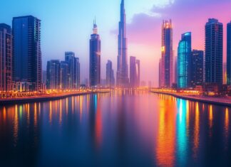 A vibrant city skyline at dusk with colorful lights reflecting off a nearby river.